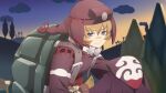  1boy artist_request belt_bag belt_pouch blue_eyes blush_stickers brown_hair closed_mouth cloud dark_turtlez dawn game_asset gradient_sky hat looking_at_viewer official_art outdoors pouch purple_hat purple_robe robe short_hair sitting sky smile solo tales_of_(series) tales_of_berseria tales_of_the_rays tales_of_zestiria third-party_source tree turtle_shell upper_body 