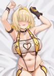  1girl blonde_hair breasts clothing_cutout colored_inner_hair commentary elegg_(boom_and_shock)_(nikke) elegg_(nikke) english_commentary gloves goddess_of_victory:_nikke hair_intakes hair_over_eyes heart_cutout highres kangbus large_breasts long_bangs lying multicolored_hair navel official_alternate_costume on_back open_mouth plump single_glove slingshot_swimsuit smile solo swimsuit two-tone_background two-tone_hair 