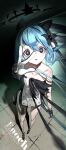  1girl bare_shoulders black_bow black_eyes black_flower black_ribbon blue_hair bow character_name collarbone dress english_text enoch_(orkastle) flower foreshortening from_above full_body gloves hair_bow hair_flower hair_ornament halo hand_up highres long_hair looking_at_viewer looking_up open_mouth orkastle reaching reaching_towards_viewer ribbon shadow short_dress sidelocks slippers solo standing strapless strapless_dress tile_floor tiles white_dress zenmaibook 
