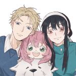  1boy 2girls anya_(spy_x_family) aqua_shirt black_hair blonde_hair blue_eyes blue_sweater blush bond_(spy_x_family) child closed_mouth collared_shirt commentary dog green_eyes hairband highres long_hair looking_at_viewer medium_hair multiple_girls open_mouth parted_bangs pink_hair red_eyes shirt shirt_under_sweater short_hair sidelocks smile spy_x_family sweater t_riangle twilight_(spy_x_family) untranslatable_commentary upper_body white_background white_hairband white_shirt yor_briar 