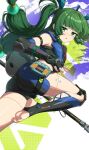  1girl absurdres android black_gloves braid braided_sidelocks chinese_commentary commentary_request fingerless_gloves gloves green_eyes green_hair hair_ornament highres holding holding_polearm holding_weapon long_hair looking_at_viewer parted_lips polearm qingyi_(zenless_zone_zero) shorts side_braids sidelocks skin_seams solo sphere_hair_ornament stirrup_legwear tang_ke toeless_legwear twintails weapon zenless_zone_zero 