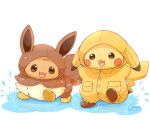  animal_focus brown_coat brown_eyes brown_fur brown_raincoat clothed_pokemon coat commentary_request ears_through_headwear eevee highres hood hood_up long_sleeves mimix no_humans open_mouth pikachu pokemon pokemon_(creature) pokemon_focus puddle raincoat smile splashing yellow_raincoat 