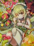  1girl absurdres bee black_souls black_souls_2 bug chain collar commentary fairy fairy_wings grass green_hair green_pupils green_shoes green_thighhighs green_wings highres holding leaf_(black_souls) metal_collar original pointy_ears rizhao_521 shoes smile thighhighs thighs tree wings 