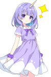  1girl blue_hair blunt_bangs blush bow bowtie buttons closed_mouth colored_inner_hair commentary_request cowboy_shot dot_nose dress highres horns kotatsu-mazoku looking_at_viewer multicolored_hair original purple_bow purple_bowtie purple_dress purple_eyes purple_hair purple_scrunchie scrunchie short_hair short_sleeves simple_background single_horn smile solo sparkle unicorn_horn white_background wrist_scrunchie 