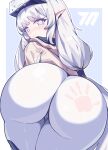  1girl absurdres ass bent_over blue_archive blush bodysuit brown_jacket closed_mouth commentary from_behind hair_tubes head-mounted_display highres himari_(armed)_(blue_archive) himari_(blue_archive) jacket long_hair looking_at_viewer looking_back piao_mao pointy_ears purple_eyes slap_mark solo spanked tearing_up white_bodysuit white_hair 