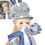  1girl blonde_hair blue_jacket blush closed_mouth commentary game_screenshot_inset gloves grey_hat hand_on_own_hip hand_up hat highres jacket large_hat long_hair looking_at_viewer meoreng_illust norma_hollowell purple_eyes reference_inset screenshot_inset simple_background smile solo sparkle very_long_hair white_background white_gloves zenless_zone_zero 