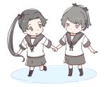  2girls ayanami_(kancolle) black_neckerchief black_ribbon black_socks blue_background blush brown_eyes brown_sailor_collar brown_skirt chibi chibi_only commentary_request grey_eyes grey_hair hair_ribbon holding_hands kantai_collection kneehighs long_hair looking_at_another medium_hair multiple_girls neckerchief parted_bangs pleated_skirt ponytail pout ribbon sailor_collar shikinami_(kancolle) shirt short_sleeves siblings side_ponytail sidelocks simple_background sisters skirt smile socks very_long_hair wachi_(hati1186) walking white_background white_shirt 