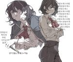  1girl ascot black_hair black_pants coat coat_on_shoulders commentary_request cowboy_shot ddelli65524 frilled_sleeves frills grey_coat grey_eyes grey_streaks highres holding holding_smoking_pipe kiseru limbus_company moses_(project_moon) multicolored_hair multiple_views pants project_moon red_ascot shirt short_hair simple_background smoking_pipe streaked_hair striped_clothes striped_pants the_distortion_detective translation_request white_background white_shirt 