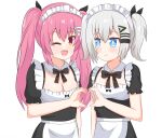  alternate_hairstyle anri_(neptunia) choujigen_game_neptune choujigen_game_neptune_sisters_vs_sisters closed_mouth grey_hair heart heart_hands leafybow25 maho_(neptunia) maid maid_headdress neptune_(series) one_eye_closed open_mouth pink_hair twintails wi-fi_symbol 