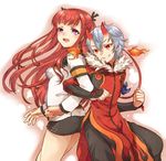  1girl :d arca_(summon_night) arm_guards armband back-to-back belt fire fur_collar grin horns irouha kagerou_(summon_night) locked_arms long_hair miniskirt open_mouth purple_eyes red_eyes red_hair short_hair silver_hair skirt smile summon_night summon_night_5 two_side_up 