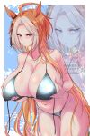  1girl ahoge alternate_breast_size_(larger) animal_ears aqua_bikini arm_under_breasts bare_shoulders bikini blue_eyes blush breasts cleavage closed_mouth grabbing_own_breast grey_bikini highres horse_ears horse_girl horse_tail huge_breasts jewelry long_hair multicolored_hair navel necklace orange_hair orfevre_(umamusume) stomach swimsuit tail umamusume untied_bikini_top white_hair yue_(lov_n_n) zoom_layer 