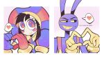  1boy 1girl 445ties animal_ears asymmetrical_gloves black_eyes black_hair blue_eyes blue_gloves blue_hat colored_sclera colored_teeth commentary english_text furry furry_male gloves hat heart heart_hands highres jax_(the_amazing_digital_circus) jester_cap mismatched_gloves multicolored_eyes pomni_(the_amazing_digital_circus) rabbit_ears red_eyes red_gloves red_hat spoken_heart the_amazing_digital_circus two-tone_eyes two-tone_hat yellow_gloves yellow_sclera yellow_teeth 