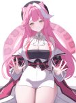 1girl absurdres animal_ears ascot bare_shoulders beret black_hat blue_gem blush breasts coat commentary gem grin hair_intakes hat highres hololive hololive_english jewelry large_breasts long_hair looking_at_viewer multicolored_hair nofaru open_hands panther_ears panther_girl panther_tail pink_coat pink_hair pink_tail raora_panthera raora_panthera_(1st_costume) shirt shorts simple_background sleeveless sleeveless_shirt smile solo streaked_hair tail thighs two-tone_hair virtual_youtuber white_ascot white_background white_hair white_shirt white_shorts yellow_eyes 