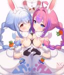  2girls ahoge animal_ears armband bare_shoulders black_gloves blue_eyes blue_hair blush bow braid breast_press breasts carrot_hair_ornament carrot_print collar commentary_request cosplay don-chan_(usada_pekora) dress food-themed_hair_ornament food_print gloves grin hair_bow hair_intakes hair_ornament heart heart_hands_failure highres hololive hololive_dev_is kikirara_vivi long_hair looking_at_viewer medium_breasts multicolored_hair multiple_girls pink_hair purple_bow purple_hair rabbit_ears rabbit_girl red_eyes short_eyebrows simple_background smile suicabar72 symmetrical_docking thick_eyebrows thumbs_up twin_braids twintails twitter_username two-tone_hair usada_pekora usada_pekora_(1st_costume) usada_pekora_(cosplay) virtual_youtuber white_armband white_background white_bow white_collar white_dress 
