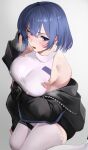  1girl blue_eyes blue_hair braid breasts commentary_request commission covered_nipples heropin hickey highres jacket kameponde large_breasts lipstick_mark looking_at_viewer nipples off_shoulder original pixiv_commission short_hair side_braid simple_background solo steaming_body thighhighs vest white_thighhighs white_vest 