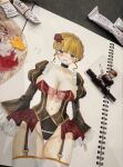  1girl adapted_costume art_tools_in_frame beatrice_(umineko) black_leotard blonde_hair blush breasts collarbone commentary_request embarrassed flower garter_straps groin hair_flower hair_ornament highres large_breasts leotard navel o1c_ne official_art_inset open_mouth paint_palette photo_(medium) red_flower red_rose revealing_clothes rose solo sweatdrop traditional_media umineko_no_naku_koro_ni wavy_sidelocks 