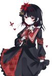  1girl alternate_hair_length_(shorter) armband black_capelet black_hair black_shirt black_skirt bug butterfly capelet closed_mouth collared_shirt commentary_request crown flower gloves hair_flower hair_ornament harumaking highres layered_skirt long_skirt long_sleeves looking_at_viewer mahou_shoujo_no_majo_saiban necktie nikaido_hiro plaid_clothes plaid_skirt red_armband red_butterfly red_eyes red_flower red_necktie red_skirt shirt side_capelet simple_background skirt smile solo white_background white_gloves white_shirt 