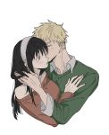  1boy 1girl black_hair blonde_hair breasts closed_eyes collared_shirt couple cropped_torso dress green_sweater hairband hand_in_another's_hair hand_on_another's_chest hetero highres husband_and_wife kissing_hair light_blush long_hair medium_breasts off-shoulder_dress off_shoulder red_dress red_eyes shirt shirt_under_sweater short_hair spy_x_family sweater t_riangle twilight_(spy_x_family) white_background white_hairband white_shirt yor_briar 