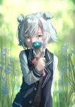  1girl absurdres blazer bloom blue_flower blue_jacket blurry blurry_background bow bowtie cevio commentary_request double_bun extreme_nattou flower flower_hairclip flower_over_mouth grey_hair grey_shirt hair_bun half-closed_eyes highres holding holding_flower jacket koharu_rikka looking_at_viewer partial_commentary pink_bow pink_bowtie pink_eyes school_uniform shirt short_hair solo synthesizer_v upper_body 