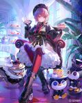  1girl ascot black_boots black_dress black_hat blue_eyes boots breasts brooch buttons cake cake_slice chair commentary_request copyright_notice day double-breasted dress food fork frilled_dress frills full_body ganmo_(takane_lui) grin hat high_heel_boots high_heels holding holding_fork holding_plate hololive indoors jewelry juliet_sleeves long_sleeves looking_at_viewer lui-tomo medium_breasts medium_hair norari_kuno official_alternate_costume official_alternate_hairstyle on_chair pants pink_hair plate puffy_sleeves red_ascot red_pants short_hair sitting smile solo takane_lui takane_lui_(dark_rose) teapot tiered_tray tsukune_(takane_lui) tsumire_(takane_lui) virtual_youtuber 