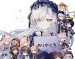  6+girls bare_shoulders black_ribbon blue_dress blue_hairband bow chibi closed_mouth commentary_request dress dress_bow everyone frilled_dress frilled_hairband frills gothic_lolita hair_over_one_eye hair_ribbon hairband harumaking hasumi_leia hikami_meruru holding holding_sketchbook housho_margo jogasaki_noah kurobe_nanoka lolita_fashion lolita_hairband long_hair long_sleeves looking_at_viewer mahou_shoujo_no_majo_saiban multiple_girls natsume_an-an nikaido_hiro off-shoulder_dress off_shoulder polka_dot polka_dot_bow purple_eyes ribbon saeki_miria sakuraba_ema sawatari_coco shito_alisa simple_background sketchbook sleeves_past_fingers sleeves_past_wrists tachibana_sherry tono_hanna translation_request white_background white_hair 