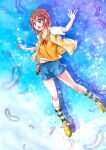  1girl blue_eyes blue_shorts bob_cut bow bowtie brown_hair child commentary_request covered_groin falling_feathers feathers floating floating_hair full_body hair_between_eyes hair_ornament hair_tie jacket kneehighs loafers lyrical_nanoha mahou_shoujo_lyrical_nanoha mahou_shoujo_lyrical_nanoha_a's matcya_tounyu midair midriff_peek open_mouth orange_shirt red_bow red_bowtie shirt shoes short_hair short_sleeves shorts socks solo striped_clothes striped_socks two-tone_socks x_hair_ornament yagami_hayate yellow_jacket yellow_shoes 