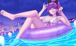  4girls absurdres arisugawa_himari bikini birthday black_bow bow breasts commentary_request cup drinking_glass dutch_angle eyewear_on_head frilled_bikini frills hair_bow happy_birthday highres holding holding_cup holding_water_gun kirakira_precure_a_la_mode kotozume_yukari multiple_girls otoroshi_68 pool precure purple_bikini purple_eyes purple_hair purple_sky sky swimsuit tategami_aoi usami_ichika water_gun watermark wine_glass 