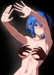  1girl arms_up blue_eyes blue_hair blush breasts ciel_(tsukihime) closed_mouth commentary_request from_below glowing hand_shadow_covering_breasts_(meme) highres large_breasts looking_at_viewer meme nose_blush outer_glow sidelocks smile solo topless_female tsukihime tsukihime_(remake) weilaizuigao703 