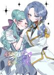  2girls aqua_hair beta_(inazuma_eleven) blue_eyes blue_gem blue_hair blush bow bowtie closed_mouth coat commentary crossdressing crossdressing_(ftm) curtained_hair double_bun dress epaulettes frilled_dress frilled_gloves frills fur-trimmed_fan gem gloves grey_dress hair_bow hair_bun hair_ribbon hand_on_another's_shoulder highres holding hug hug_from_side inazuma_eleven inazuma_eleven_(series) inazuma_eleven_cross inazuma_eleven_go inazuma_eleven_go_chrono_stone long_hair long_sleeves looking_at_viewer military_uniform multicolored_hair multiple_girls no_pupils official_alternate_costume open_mouth pants parted_bangs puffy_short_sleeves puffy_sleeves purple_bow purple_bowtie purple_eyes ribbon scowl seikawa1110 short_sleeves smile sparkle streaked_hair two-tone_hair white_background white_coat white_gloves white_pants white_ribbon white_streaks yagami_reina yuri 