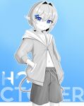  1boy absurdres basher blue_background blue_bow blue_eyes boros_(ouro_kronii) bow closed_mouth commentary cowboy_shot english_commentary greyscale_with_colored_background hair_between_eyes hair_bow hair_intakes hands_in_pockets highres hololive hololive_english hood hoodie jacket looking_at_viewer male_focus navel partially_unzipped personification pointy_ears short_hair shorts smile snake_boy snake_tail solo spot_color tail trap virtual_youtuber 