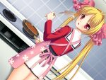  1girl :o apron blonde_hair blush chestnut_mouth cooking dutch_angle frying_pan game_asset hair_intakes holding holding_spatula kamei kitchen long_hair looking_at_viewer looking_back non-web_source official_art open_mouth red_eyes ribbon sakurai_asahi_(seisenki_valkyrie_sisters) school_uniform seisenki_valkyrie_sisters self-datamine skirt solo spatula stove tile_wall tiles twintails variant_set visual_novel_cg 