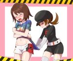  >_< 2girls alternate_costume asatsuki_(fgfff) belt black_dress black_hat blush breasts brown_hair clenched_teeth closed_eyes clothes_lift clothes_pull commentary_request dress gloria_(pokemon) gloves gloves_over_sleeves hat logo lyra_(pokemon) multiple_girls navel open_mouth pokemon pokemon_heartgold_and_soulsilver pokemon_sword_and_shield print_shirt shirt shirt_lift shirt_pull short_hair short_sleeves shorts team_rocket team_rocket_uniform teeth thighhighs tongue under-elbow_gloves v-shaped_eyebrows 