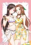  2girls aerith_gainsborough aerith_gainsborough_(citric_dress) arm_around_another's_waist belly_chain bikini black_hair breasts brown_hair commentary dress final_fantasy final_fantasy_vii final_fantasy_vii:_ever_crisis food_print fruit_print green_eyes highres jewelry looking_at_viewer multiple_girls nalu official_alternate_hairstyle print_dress red_eyes see-through_clothes see-through_skirt skirt strapless strapless_dress swimsuit thighs tifa_lockhart tifa_lockhart_(passion_mermaid) untranslatable_commentary white_bikini 