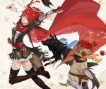  1girl absurdres animal apple arknights armor belt belt_buckle bird black_dress boots brown_belt brown_boots buckle cape commission creature crescent crescent_print croissant dress emperor_(arknights) exusiai_(arknights) exusiai_the_new_covenant_(arknights) exusiai_the_new_covenant_(the_legend_seeker)_(arknights) fingernails food frilled_dress frills fruit grey_background grey_halo halo highres holding holding_food holding_fruit keruoer_de_zhenmianmu leg_up long_sleeves looking_at_viewer mihuashi_commission official_alternate_costume one_eye_closed penguin print_cape rabbit red_cape red_hair shoe_soles short_hair smile solo star_(symbol) star_print stretching thigh_boots thighhighs traditional_halo vambraces vial white_thighhighs wolf yellow_eyes 