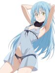 1girl absurdres akinoya armpits arms_behind_head arms_up babydoll black_panties blue_babydoll blue_hair blur_censor breasts censored closed_mouth commentary_request covered_navel from_below genderswap genderswap_(otf) hair_between_eyes highres lace lingerie long_hair navel nipples panties pussy rimuru_tempest see-through_clothes simple_background small_breasts smile tensei_shitara_slime_datta_ken thighs underwear white_background yellow_eyes 
