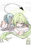  2girls absurdres blue_archive blue_dress blue_pajamas blush demon_tail dress fan_request fang green_hair green_halo grey_scrunchie grey_shawl hair_between_eyes hair_ornament hair_scrunchie halo haruyuki_(gffewuoutgblubh) highres hikari_(blue_archive) hikari_(kujibikido)_(blue_archive) long_hair looking_at_viewer low_side_ponytail multiple_girls nozomi_(blue_archive) nozomi_(kujibikido)_(blue_archive) official_alternate_costume open_mouth pajamas pointy_ears request_inset scrunchie shawl short_sleeves side_ponytail skin_fang solo_focus tail top-down_bottom-up yellow_eyes 