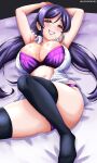  1girl artist_name birthday black_thighhighs bra breasts commentary_request green_eyes happy_birthday highres huge_breasts husbandmaru lingerie love_live! love_live!_school_idol_festival love_live!_school_idol_project low_twintails lying on_back panties pink_scrunchie purple_bra purple_hair purple_panties scrunchie smile solo spanish_commentary thighhighs tojo_nozomi twintails twitter_username u's_3rd_years unbuttoned unbuttoned_shirt underwear 