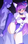  1boy 1girl absurdres animal_ears blunt_bangs blush boots breasts cat_ears cat_girl censored clothed_sex commentary cure_macaron female_pubic_hair food-themed_hair_ornament hair_ornament high_heel_boots high_heels highres kirakira_precure_a_la_mode knee_boots kotozume_yukari leotard long_hair looking_at_another looking_to_the_side macaron_hair_ornament mosaic_censoring oimanji open_mouth precure pubic_hair purple_boots purple_leotard sex 