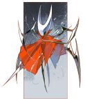  1girl absurdres arthropod_girl black_skin chinese_commentary chromatic_aberration cloak colored_skin commentary_request full_body glint highres hollow_eyes hollow_knight hollow_knight:_silksong horned_mask hornet_(hollow_knight) huanjueji-phantom mask needle_(hollow_knight) red_cloak solo standing thread weapon weapon_on_back white_mask 