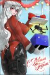  1girl absurdres alpha_(alpha_1918) alternate_breast_size_(larger) alternate_costume ass belt black_pantyhose blush breasts brown_belt christmas drone from_behind fur-trimmed_jacket fur_trim gift gloves grin happy_new_year hat highres holding holding_gift jacket large_breasts long_hair looking_at_viewer mastcom0 original pantyhose parted_lips red_eyes red_jacket red_tailcoat santa_hat skindentation smile solo tailcoat thigh_strap translated very_long_hair white_gloves white_hair 