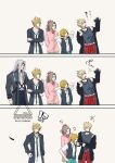  1girl 4boys aqua_pants arm_around_shoulder arms_behind_back arms_behind_head black_choker black_coat black_necktie black_pants black_vest blonde_hair bow bowtie breasts brown_hair brown_skirt camera cardigan choker closed_eyes cloud_strife cloud_strife_(urban_wolf) coat cowboy_shot crossed_arms dissidia_duellum_final_fantasy dissidia_final_fantasy final_fantasy final_fantasy_ix final_fantasy_vi final_fantasy_vii final_fantasy_xv grey_hair grey_tank_top hair_between_eyes hair_ribbon highres holding holding_camera jewelry light_smile long_coat long_hair loose_necktie medium_breasts multiple_boys necklace necktie official_alternate_costume open_mouth pants parted_bangs pink_cardigan plaid_clothes plaid_pants pleated_skirt ponytail prompto_argentum prompto_argentum_(friendly_photographer) red_bow red_bowtie red_pants red_ribbon ribbon school_uniform selfie sephiroth shirt short_hair skirt spiked_hair sweatdrop taking_picture tank_top terra_branford terra_branford_(school_cardigan) twitter_username vest white_background white_shirt yunyunonigiri zidane_tribal zidane_tribal_(vacationing_thief) 
