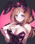  1girl @_@ absurdres animal_ear_hairband animal_ears between_breasts black_leotard blue_eyes blush breasts brown_hair card card_between_breasts chobi_(penguin_paradise) cleavage closed_mouth commentary fake_animal_ears gakuen_idolmaster hair_bun hairband hatsumi-chan_(gakuen_idolmaster) highres himesaki_rinami idolmaster large_breasts leotard long_hair looking_at_viewer playboy_bunny rabbit_ear_hairband rabbit_ears raised_eyebrow single_hair_bun solo spotlight strapless strapless_leotard upper_body white_wrist_cuffs wrist_cuffs 