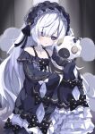 1girl bare_shoulders black_ribbon blue_dress blue_hairband bow commentary_request cowboy_shot crescent crescent_necklace dress dress_bow frilled_dress frilled_hairband frilled_sleeves frills gothic_lolita hair_over_one_eye hair_ribbon hairband highres jewelry lolita_fashion lolita_hairband long_hair long_sleeves looking_at_viewer mahou_shoujo_no_majo_saiban natsume_an-an necklace off-shoulder_dress off_shoulder onyannko00 open_mouth polka_dot polka_dot_bow purple_eyes ribbon sleeve_bow sleeves_past_fingers sleeves_past_wrists solo stuffed_animal stuffed_sheep stuffed_toy white_hair wide_sleeves 