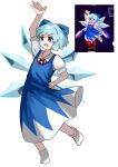  1girl absurdres arm_up blue_bow blue_dress blue_eyes blue_hair blush bow cirno collared_shirt commentary_request derivative_work detached_wings dress embodiment_of_scarlet_devil fairy full_body hair_bow hand_on_own_hip highres ice ice_wings leg_up official_art_inset official_art_redraw open_mouth parted_bangs pinafore_dress puffy_short_sleeves puffy_sleeves reference_inset shirt short_hair short_sleeves simple_background sleeveless sleeveless_dress socks solo sprite_redraw touhou twitter_username v-shaped_eyebrows watermark white_background white_shirt white_socks wings ymg8_3 