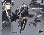  1girl arm_behind_back armor black_armor black_gloves blunt_ends breastplate cape closed_mouth clothes_lift color_guide commentary_request double-parted_bangs dress dress_lift floating_hair full_body gloves grey_background grid_background hair_between_eyes high_ponytail highres holding holding_polearm holding_weapon huge_weapon kashia lance long_hair long_sidelocks looking_at_viewer original pauldrons polearm poleyn ponytail red_eyes sabaton shoulder_armor sidelocks solo spiked_tiara torn_cape torn_clothes vambraces very_long_hair waist_cape weapon white_hair zoom_layer 