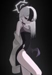  1girl black_background black_choker black_dress black_hair black_horns blue_archive breasts brown_jacket choker closed_mouth collarbone commentary cowboy_shot demon_horns dress ear_piercing earrings hair_between_eyes halo highres horns jacket jewelry kayoko_(blue_archive) kayoko_(dress)_(blue_archive) long_hair looking_at_viewer metronomechan multicolored_hair off_shoulder official_alternate_costume official_alternate_hairstyle piercing purple_wings red_eyes side_slit single_wing small_breasts smile solo two-tone_hair white_hair wings 