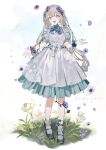  1girl :d a-line_dress above-cleavage_cutout absurdres anemone_(flower) apron aqua_dress arm_vines black_shoes blonde_hair blue_eyes blue_flower blue_petals call_of_cthulhu center-flap_bangs clothing_cutout commentary_request daimaou_ruaeru dress empire_waist falling_petals flower flower_on_chest frilled_apron frills full_body grass hair_flower hair_ornament hana_o_amu_oukami headscarf highres lace-trimmed_apron lace_trim long_hair looking_at_viewer mary_janes medium_dress petals pink_flower plant puffy_short_sleeves puffy_sleeves purple_flower shoes short_sleeves sidelocks simple_background smile socks solo standing twintails very_long_hair vines vines_around_neck white_apron white_background white_flower white_socks wrist_flower yellow_flower 