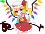  1girl ascot blonde_hair collared_shirt commentary_request crystal crystal_wings derivative_work embodiment_of_scarlet_devil fang flandre_scarlet frilled_shirt_collar frilled_skirt frills hat hat_ribbon highres laevatein_(touhou) looking_at_viewer mob_cap multicolored_wings official_art_redraw one_side_up red_eyes red_skirt red_vest ribbon rizleting shirt simple_background skirt skirt_set smile solo sprite_redraw touhou twitter_username vest white_background white_hat white_shirt wings yellow_ascot 