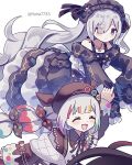  2girls artist_name bare_shoulders beret black_hat black_jacket black_ribbon blue_dress blue_hairband bow closed_eyes closed_mouth collared_shirt colored_tips commentary_request crescent crescent_necklace dress dress_bow frilled_dress frilled_hairband frilled_sleeves frills gothic_lolita hair_bow hair_over_one_eye hair_ribbon hairband hat highres jacket jacket_partially_removed jewelry jogasaki_noah lolita_fashion lolita_hairband long_hair long_sleeves mahou_shoujo_no_majo_saiban multi-tied_hair multicolored_hair multiple_girls natsume_an-an neck_ribbon necklace off-shoulder_dress off_shoulder open_mouth polka_dot polka_dot_bow purple_eyes ribbon runa_(runa7733) shirt signature simple_background sleeve_bow sleeves_past_fingers sleeves_past_wrists smile streaked_hair twitter_username white_background white_hair white_shirt wide_sleeves 