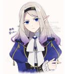  1girl blue_dress blue_eyes character_request closed_mouth colored_tips commentary_request dress grey_hair highres light_frown long_hair looking_at_viewer multicolored_hair pointy_ears pucchic406 puffy_sleeves purple_hair serious simple_background solo tassel translation_request two-tone_hair upper_body v-shaped_eyebrows watermark white_background xenoblade_chronicles_(series) xenoblade_genesis 